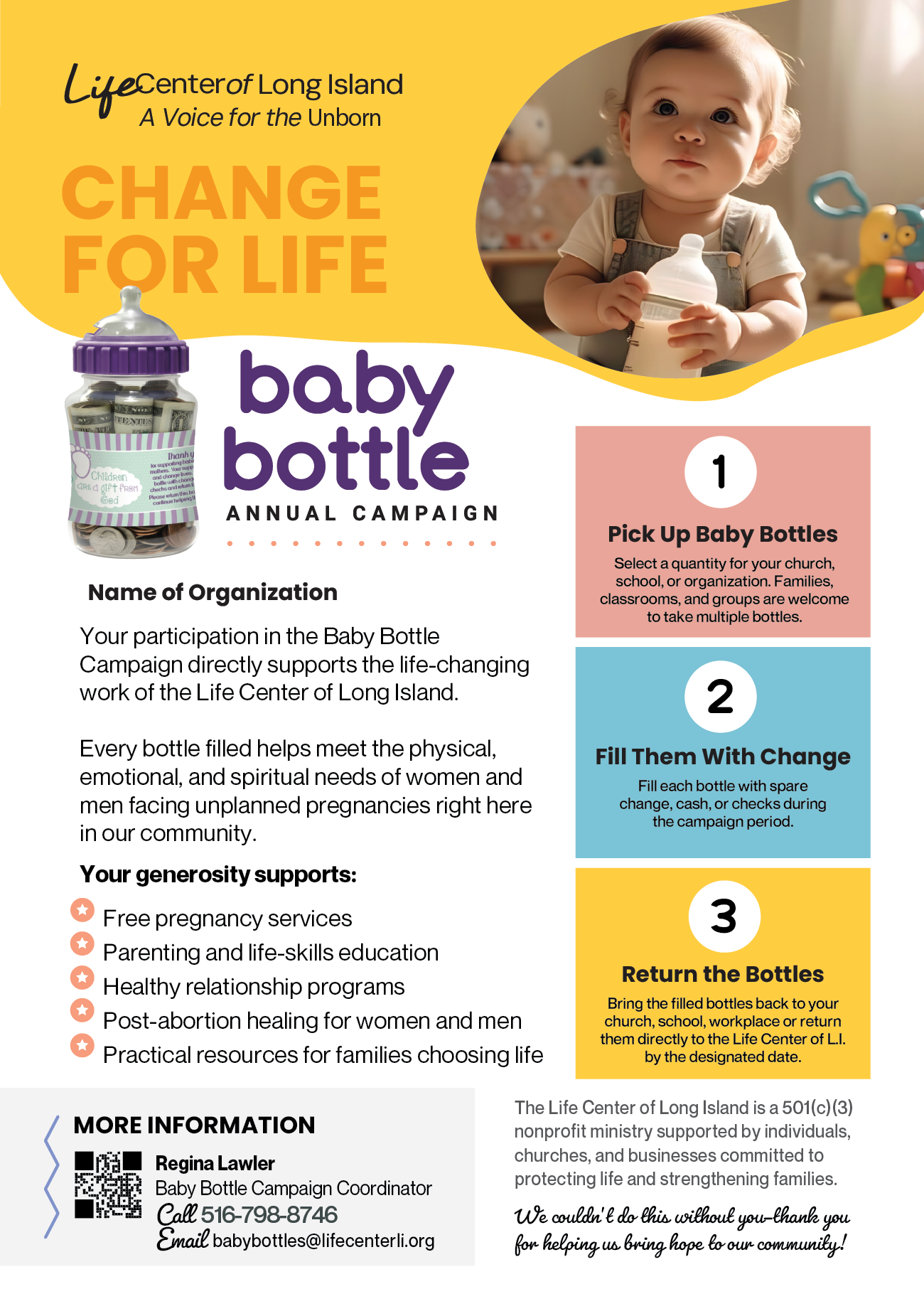 A flyer for the Life Center of Long Island Baby Bottle Campaign featuring an image of a young child holding a baby bottle, with information about supporting unplanned pregnancies and the campaign's steps to collect and return baby bottles.