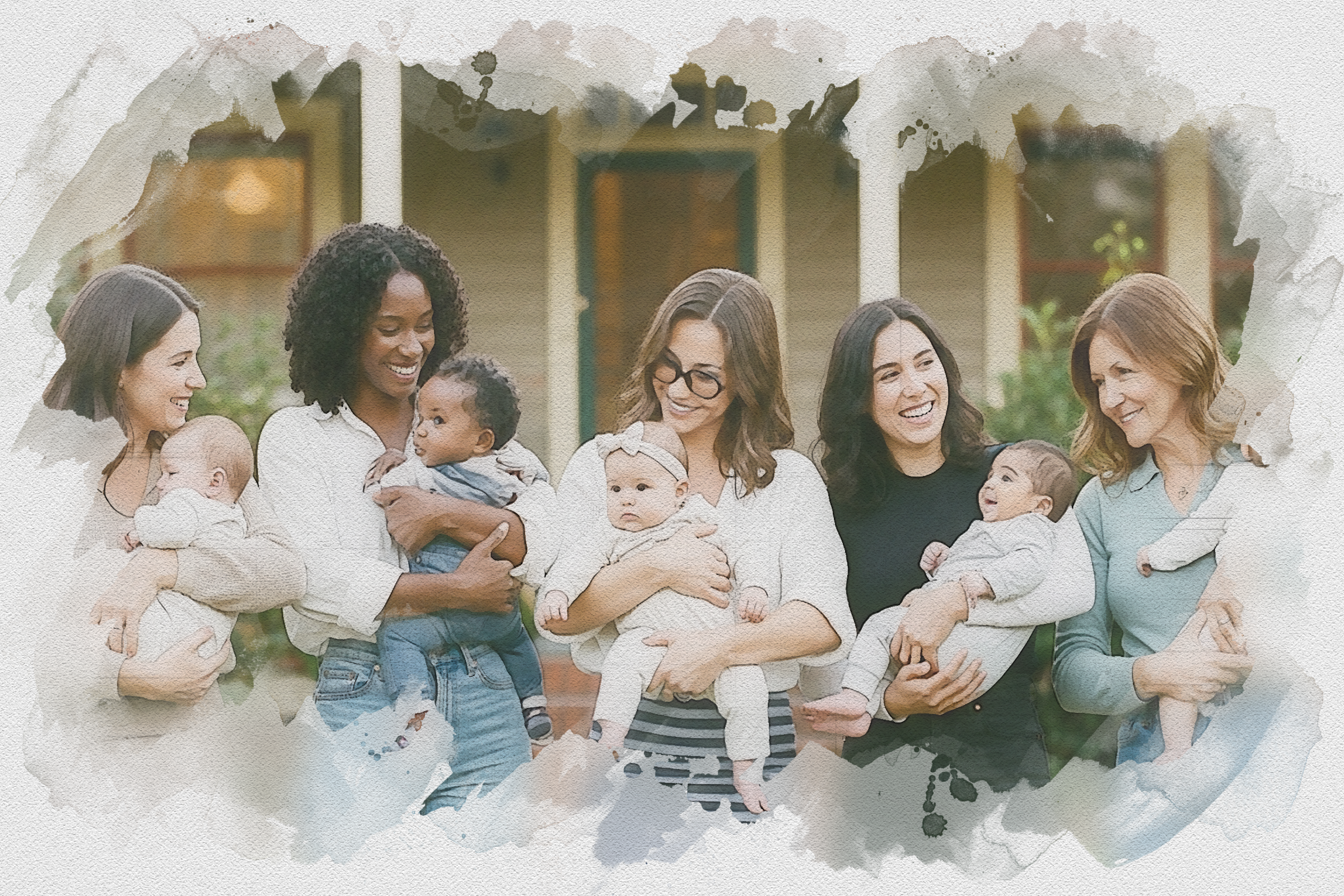 A watercolor-style illustration of six women holding babies, standing outside near a building with columns and greenery.