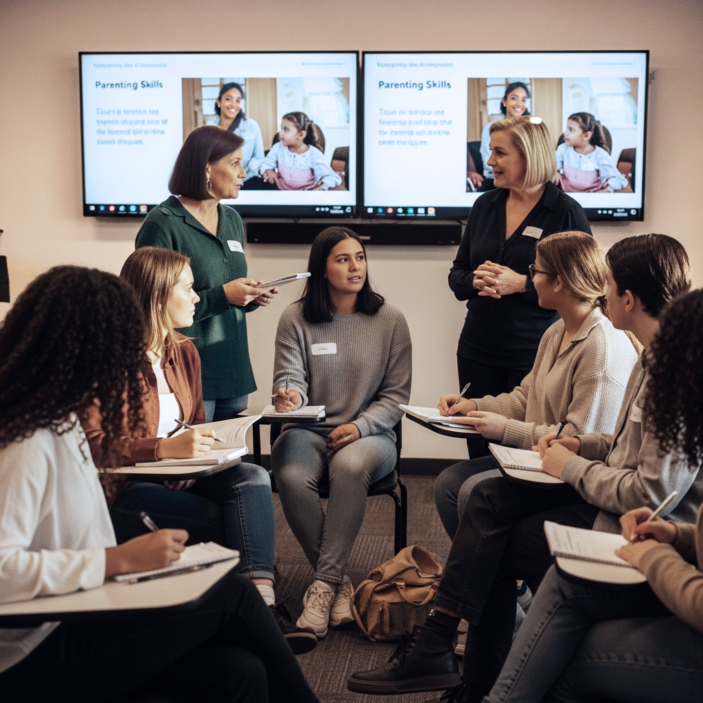 A diverse group of young adults attending a parenting skills workshop, seated in a semi-circle, taking notes, with two women standing at the front addressing the group, in a classroom with large screens displaying the workshop title.