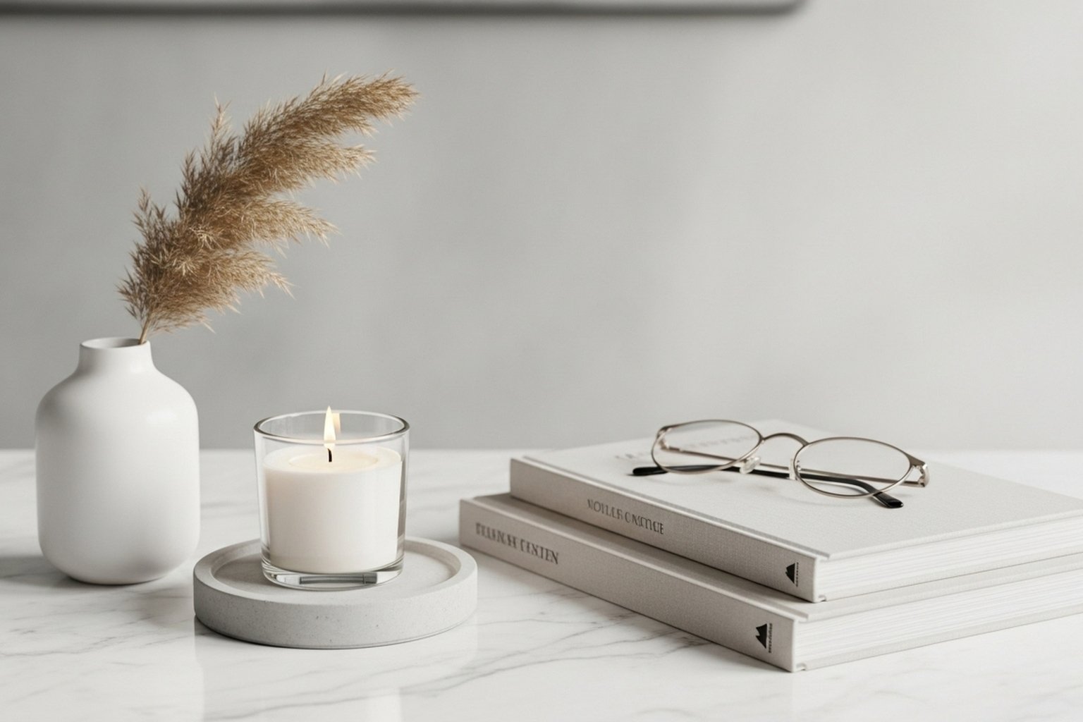 Minimalist desk decor with a white vase holding pampas grass, a lit candle in a glass holder on a round tray, and two stacked white books with reading glasses on top, all on a white marble surface.