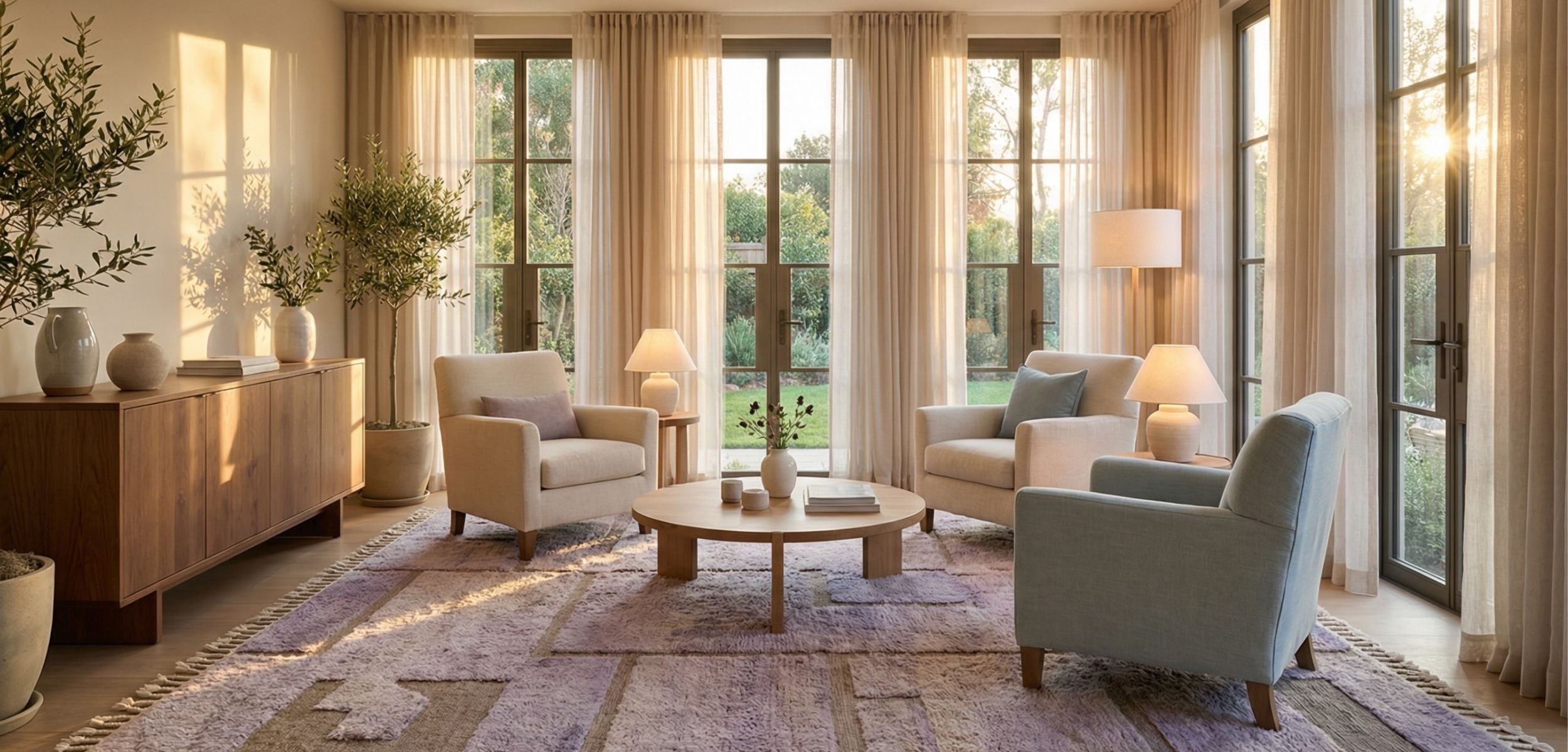 Bright living room with large windows, white curtains, four beige armchairs around a round wooden coffee table, potted plants, side tables with lamps, and a pastel-colored area rug.