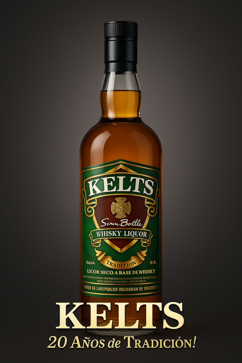 A glass bottle of Kelts whisky liquor with a green and gold label, placed against a dark background, with text below celebrating 20 years of tradition.
