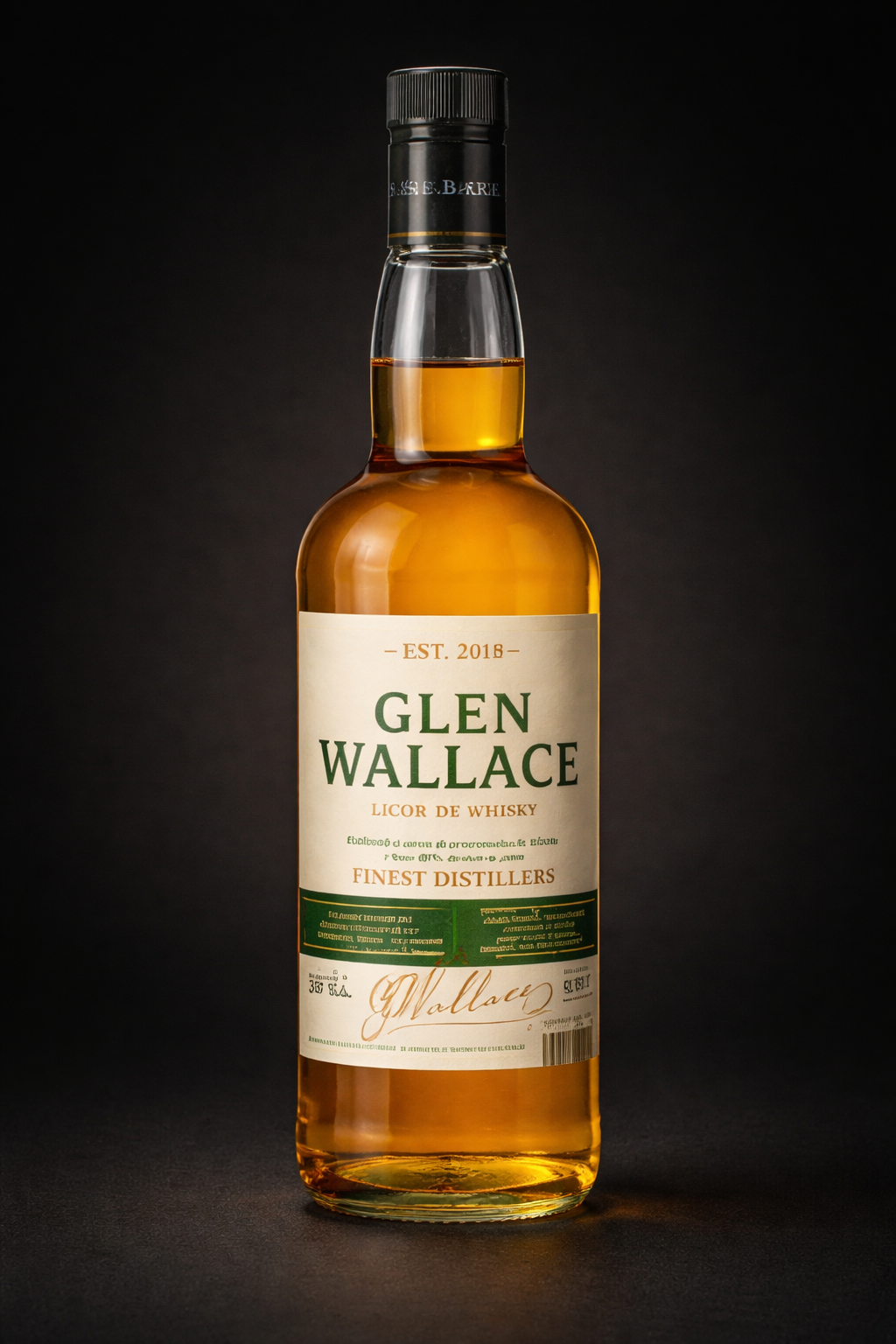 Bottle of Glen Wallace whiskey with a dark background.