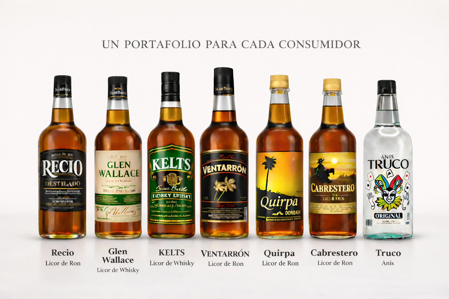 An image displaying seven bottles of liquor, each with different labels and designs. The bottles are arranged in a row. From left to right, the labels read: Recio, Glen Wallace, Kelts, Ventarrón, Quirpa, Cabrestero, and Trucho. The text above the bottles says "Un portafolio para cada consumidor".