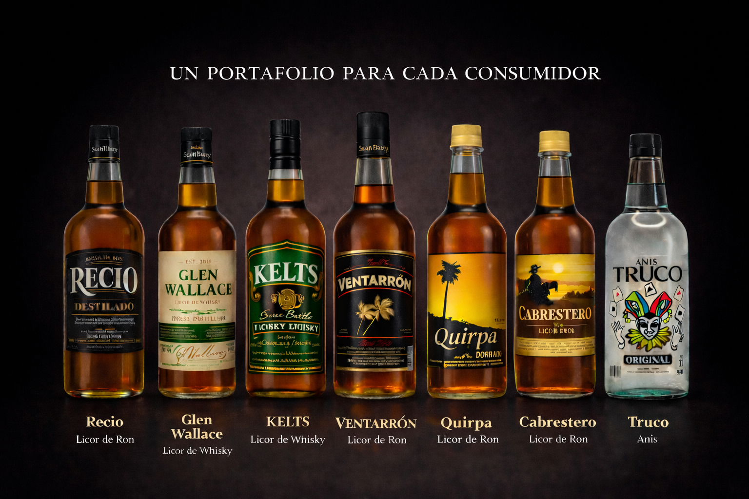 Six bottles of different alcoholic beverages with labels and branding, accompanied by text that reads 'A portfolio for every consumer'.