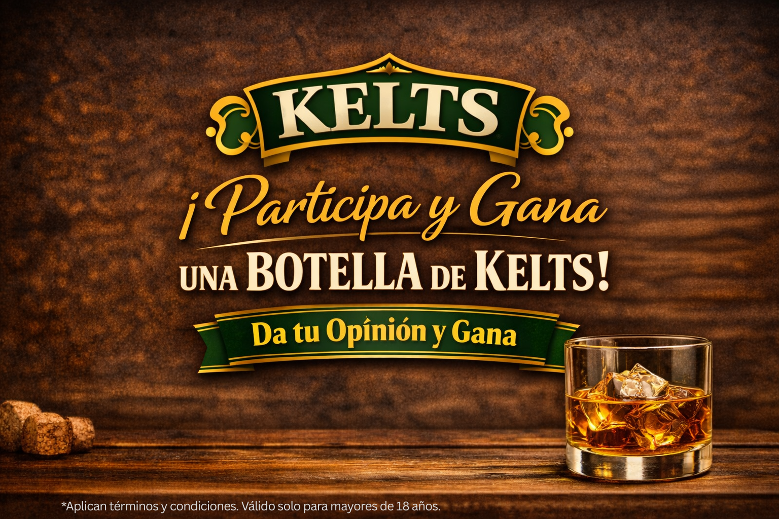 Advertisement in Spanish promoting participation to win a bottle of Kelts whiskey, with a glass of whiskey with ice on a wooden surface and corks on the bottom left.