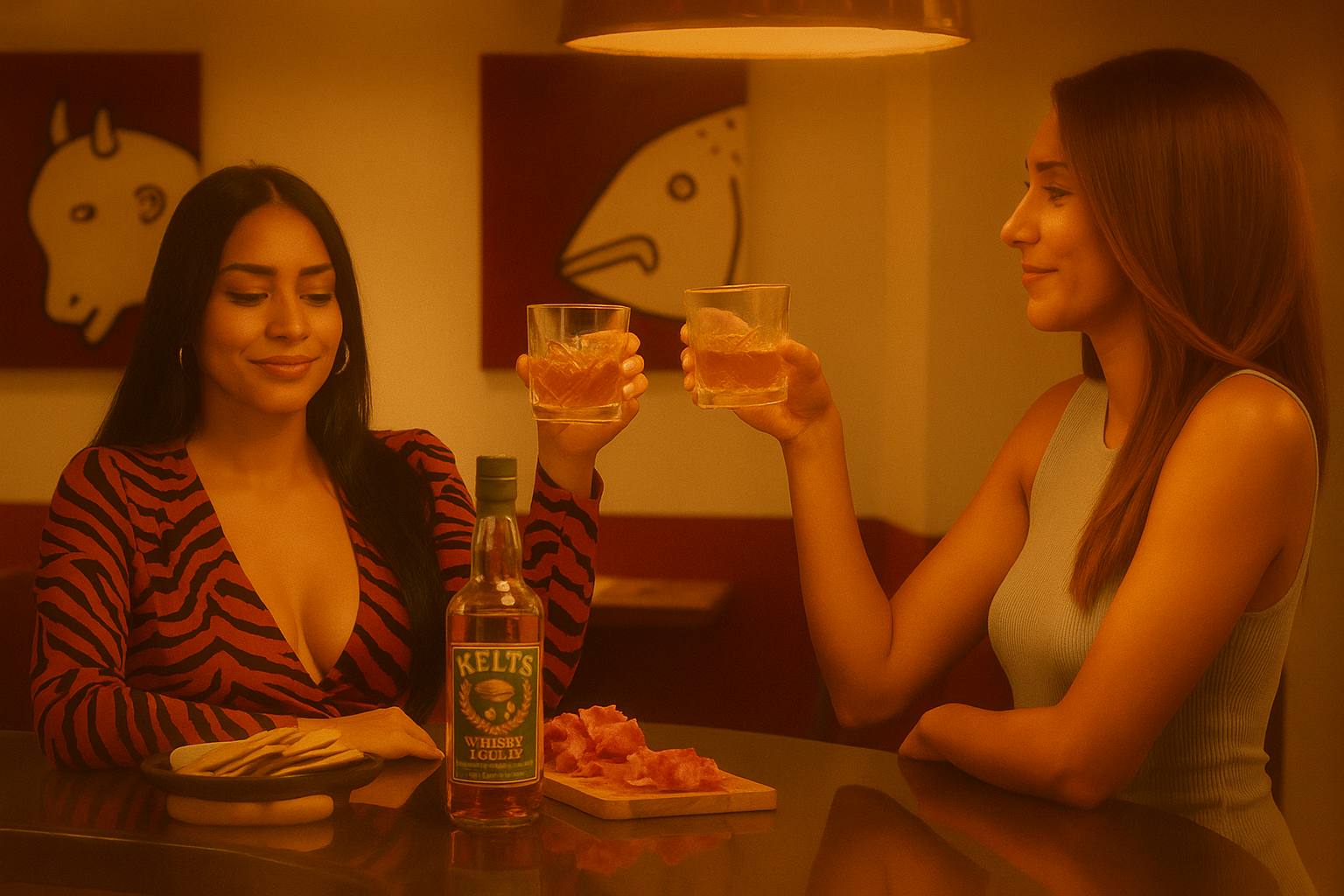 Two women sitting at a bar, one with long dark hair wearing a red and black striped shirt and the other with long brown hair wearing a sleeveless gray top, are clinking glasses with ice and a drink inside. There is a bottle of whiskey labeled 'Kelts Whiskey Golly' on the bar, along with a plate of sliced meat.