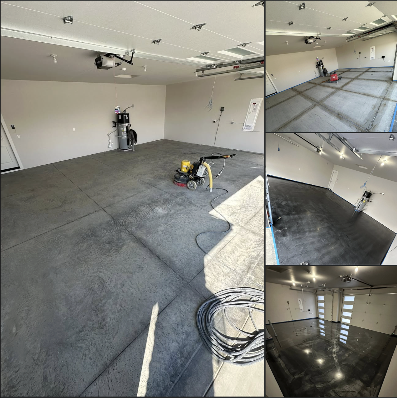 Photos of a garage undergoing floor renovation, showing various stages of grinding and polishing concrete floors, with equipment and tools visible.