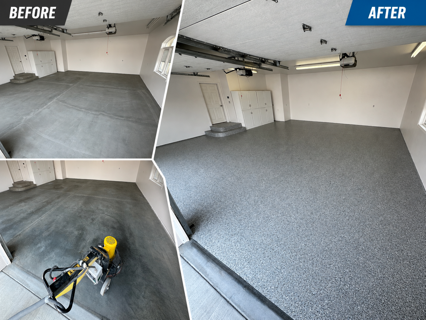 Transform your garage with a durable, professional epoxy floor coating designed for a clean, modern finish and long-lasting protection. This garage floor transformation features a decorative gray flake system that helps resist stains, moisture, chemi