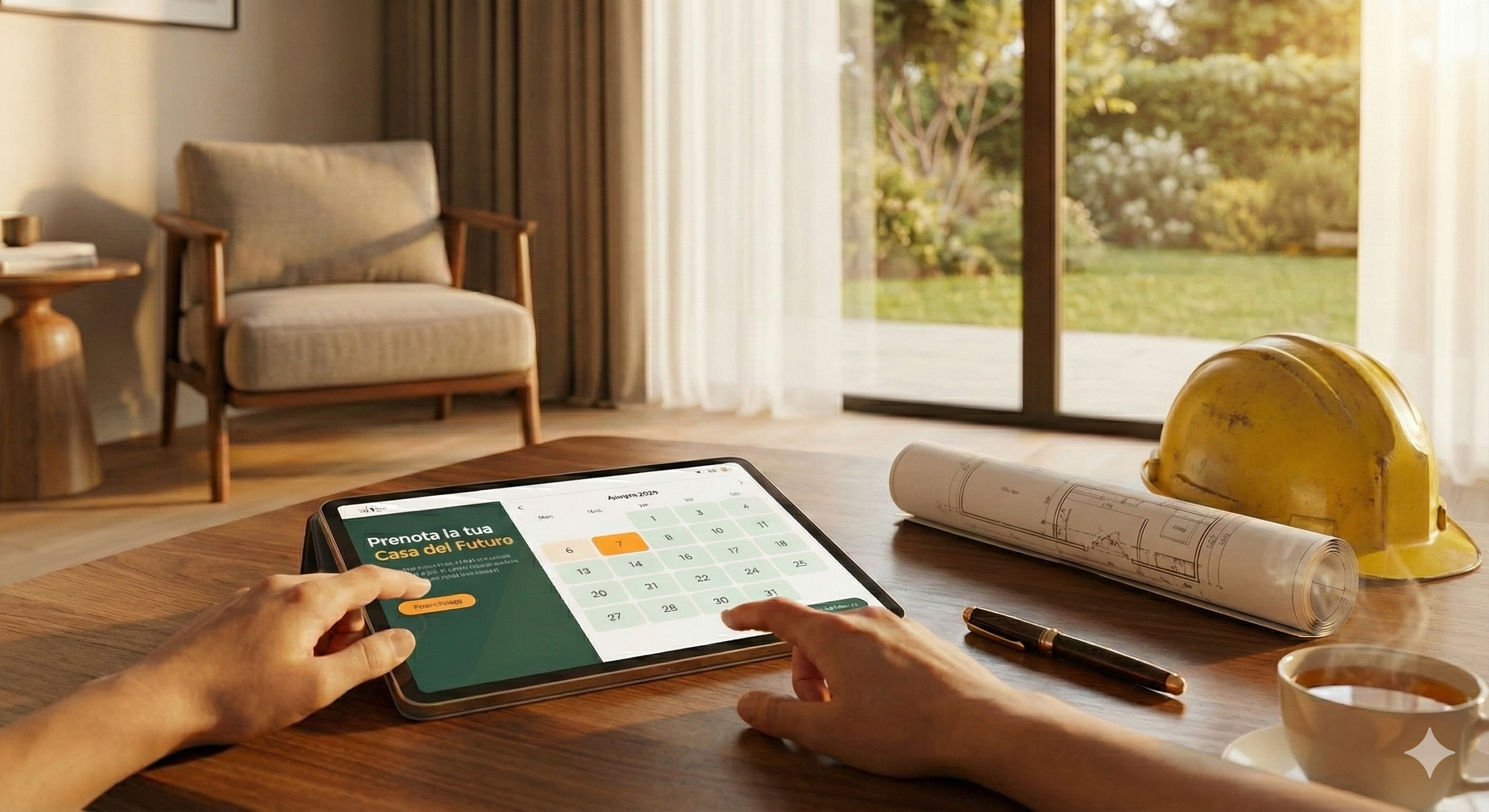 A person using a tablet on a wooden table, with architectural blueprints, a yellow construction helmet, a pen, and a cup of coffee nearby. The background shows a bright room with a large window revealing a garden outside.