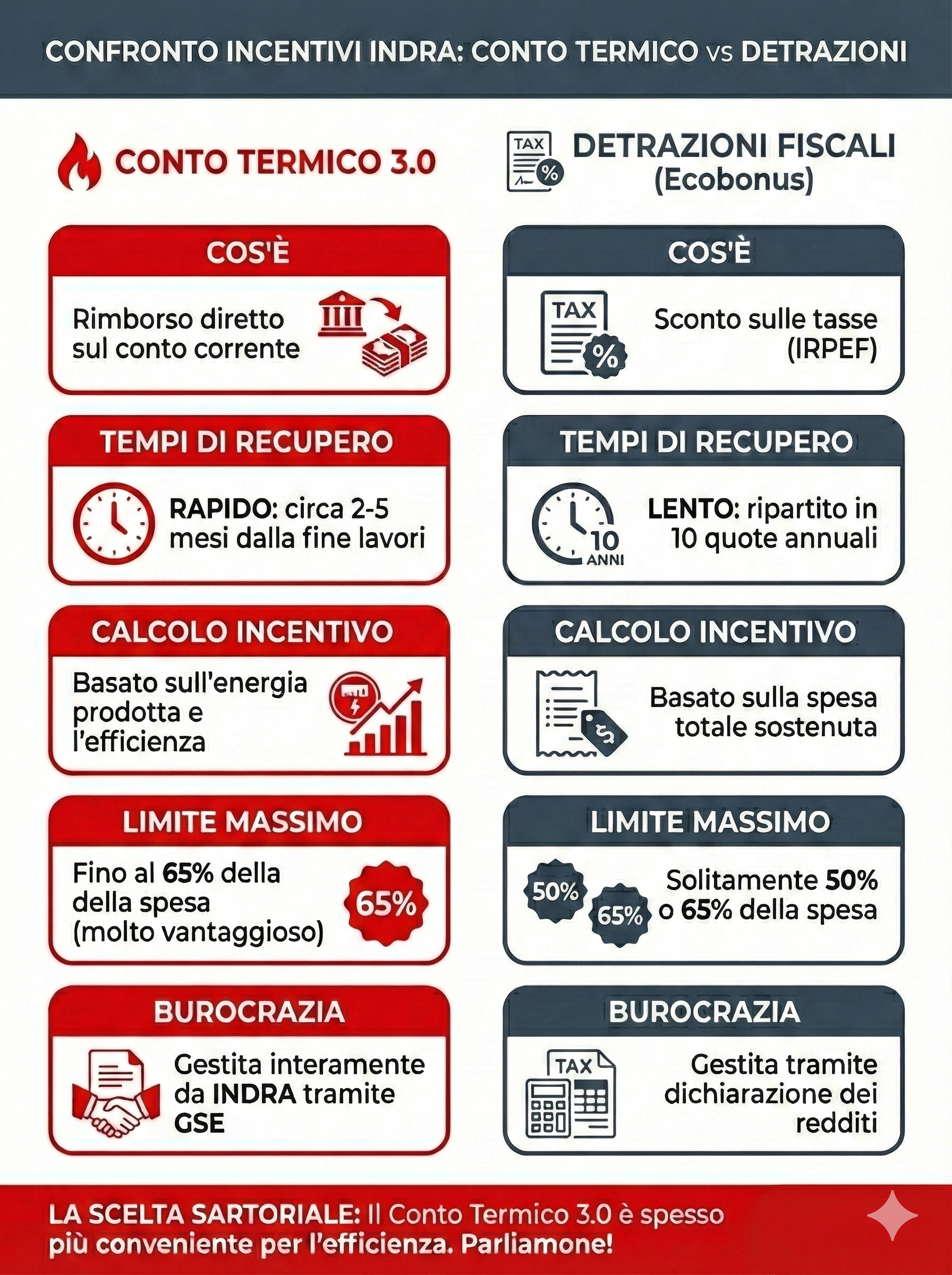 Comparison between Indra thermal account and tax deductions. The thermal account offers direct reimbursement, quick recovery in 2-5 months, energy-based incentives, and up to 65% expense limit managed by INDRA. The tax deductions reduce taxable income, recover slowly over 10 years, are based on total expenses, with a maximum of 50% or 65% of expenses, and managed through income tax declarations.