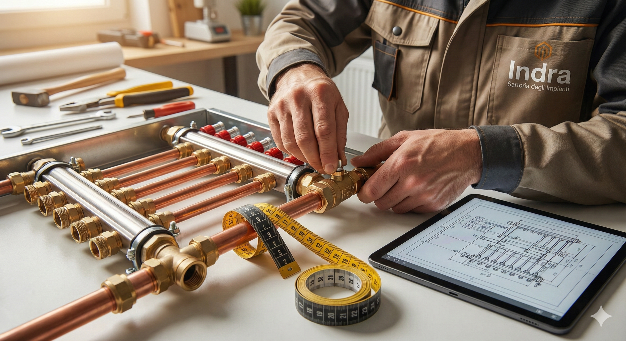 A person working on plumbing pipes with tools on a white table, using a tablet displaying a technical diagram. The person wears a jacket with a logo and text, indicating they are a professional plumber or engineer.