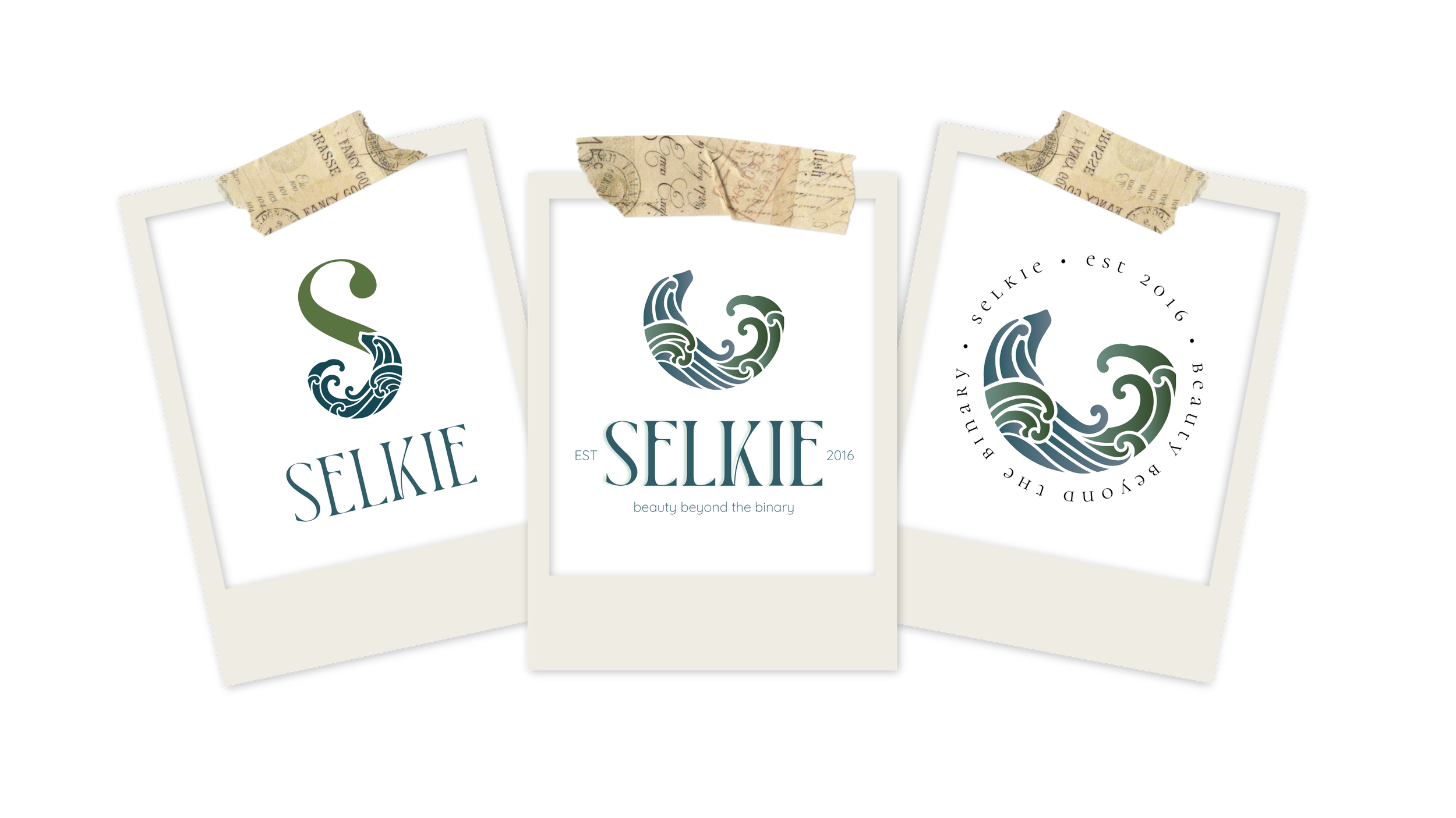 Logo variations for Selkie, displayed in Polaroid picture boxes