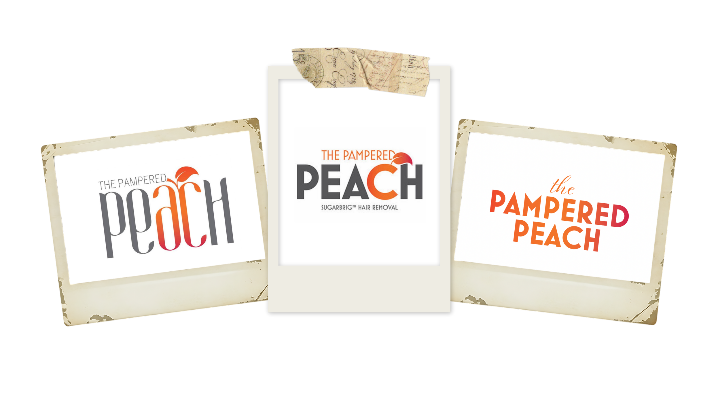 Variations of The Pampered Peach Logos over time, displayed on polaroid picture boxes