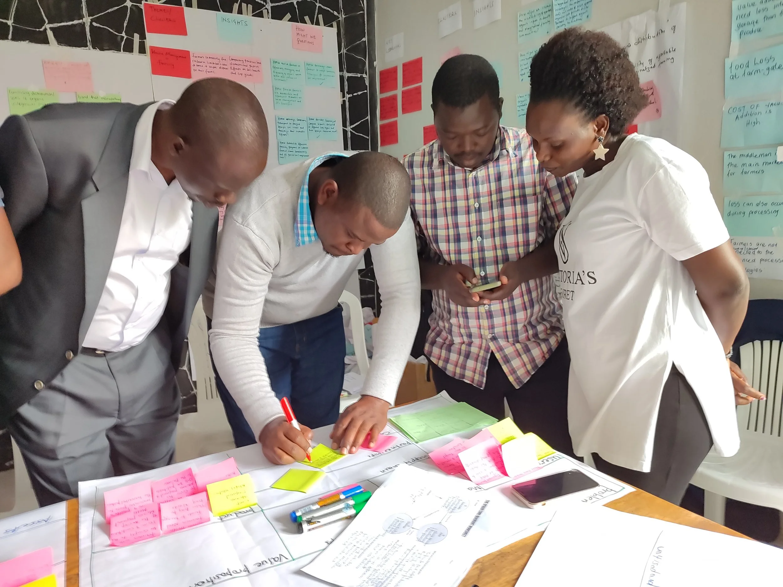 Four Founders-in-Residence gathered around a table working on a business model canvas with sticky notes, markers, and papers, in a room with color-coded notes on the walls.