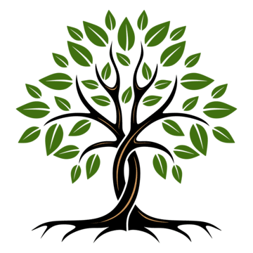 A stylized illustration of a green leafy tree with a curved trunk and roots, on a black background.