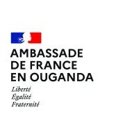 Logo of the French Embassy in Uganda with French flag and French mottoe: Liberté, Égalité, Fraternité.