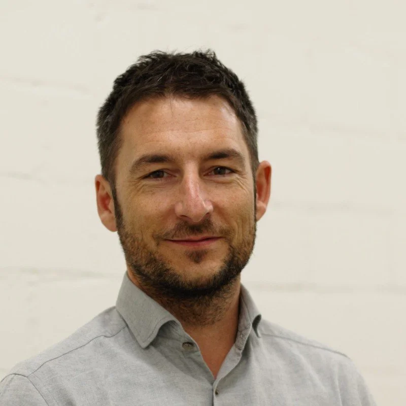 Portrait of a man with short dark hair, a beard, wearing a light gray button-up shirt, smiling slightly, against a plain light background.