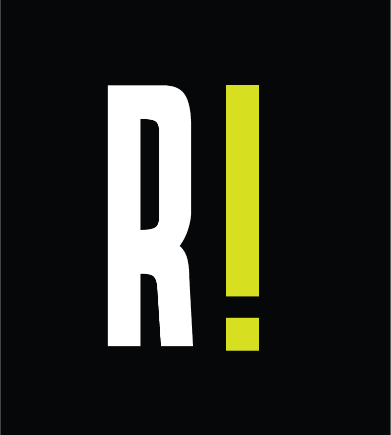 Bold white letter 'R' and yellow exclamation mark on black background. Rootical isotype logo.