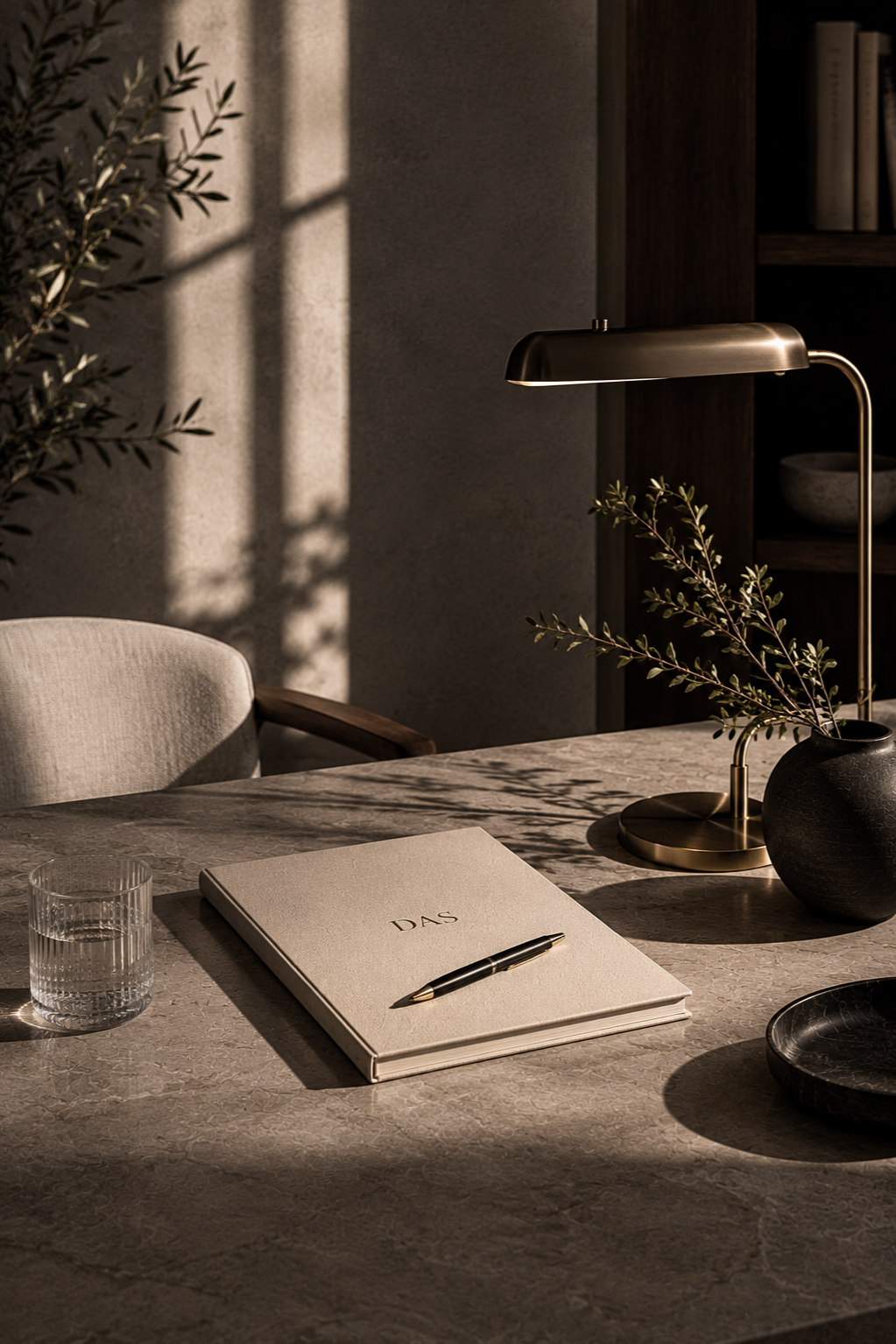 A marble desk with a black vase containing leafy branches, a gold modern desk lamp, a closed notebook with the word 'DAS' on the cover, a black pen, a glass of water, and a black tray. Sunlight casts shadows on the wall and desk.