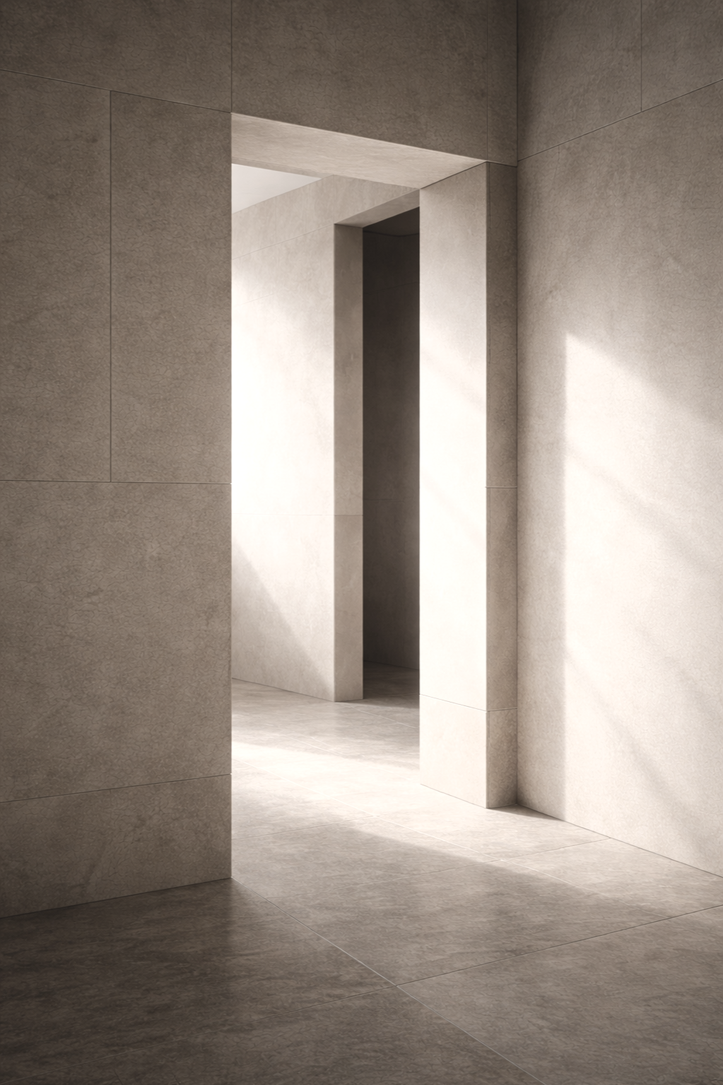 Minimalist interior with light-colored walls and floor tiles, featuring a doorway with sharp angles and soft sunlight casting shadows on the wall.