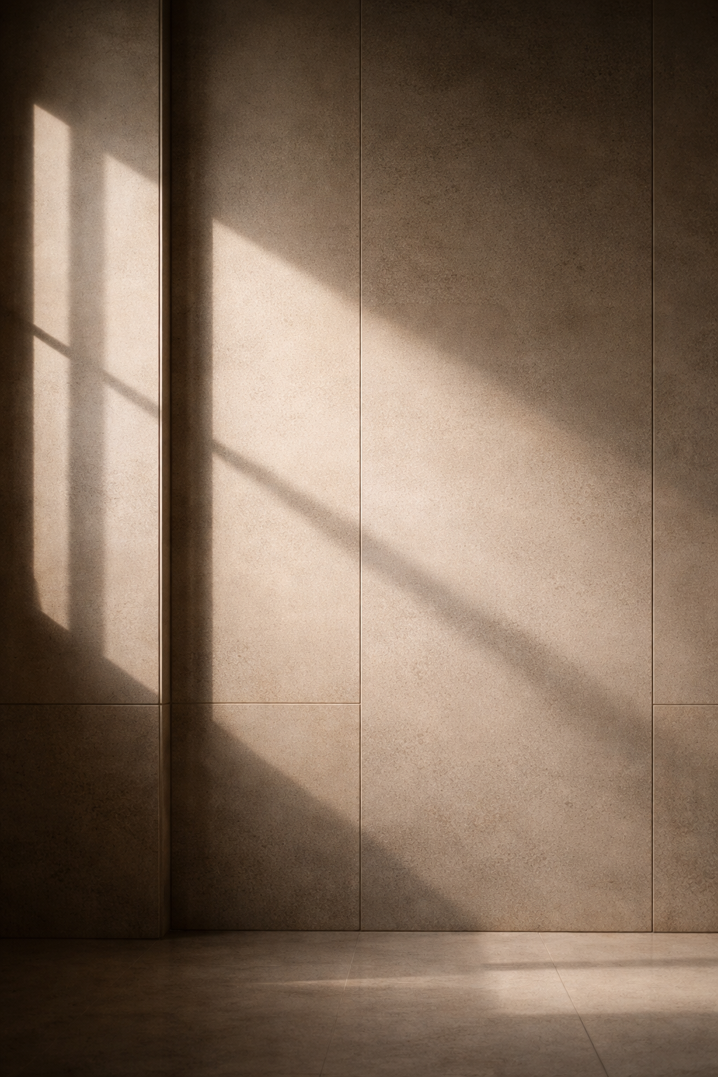 Sunlight casting shadows of window panes on a beige tiled wall and floor