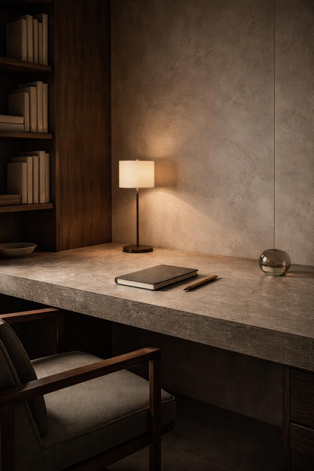 A modern, minimalist desk workspace featuring a textured stone desk, a lamp casting warm light, a closed notebook, a pen, a small glass decorative item, and an armchair with wooden arms in a room with wood and stone walls.