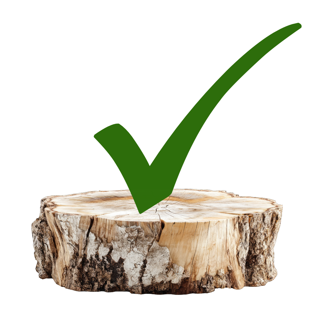 A tree stump with a green checkmark above it.