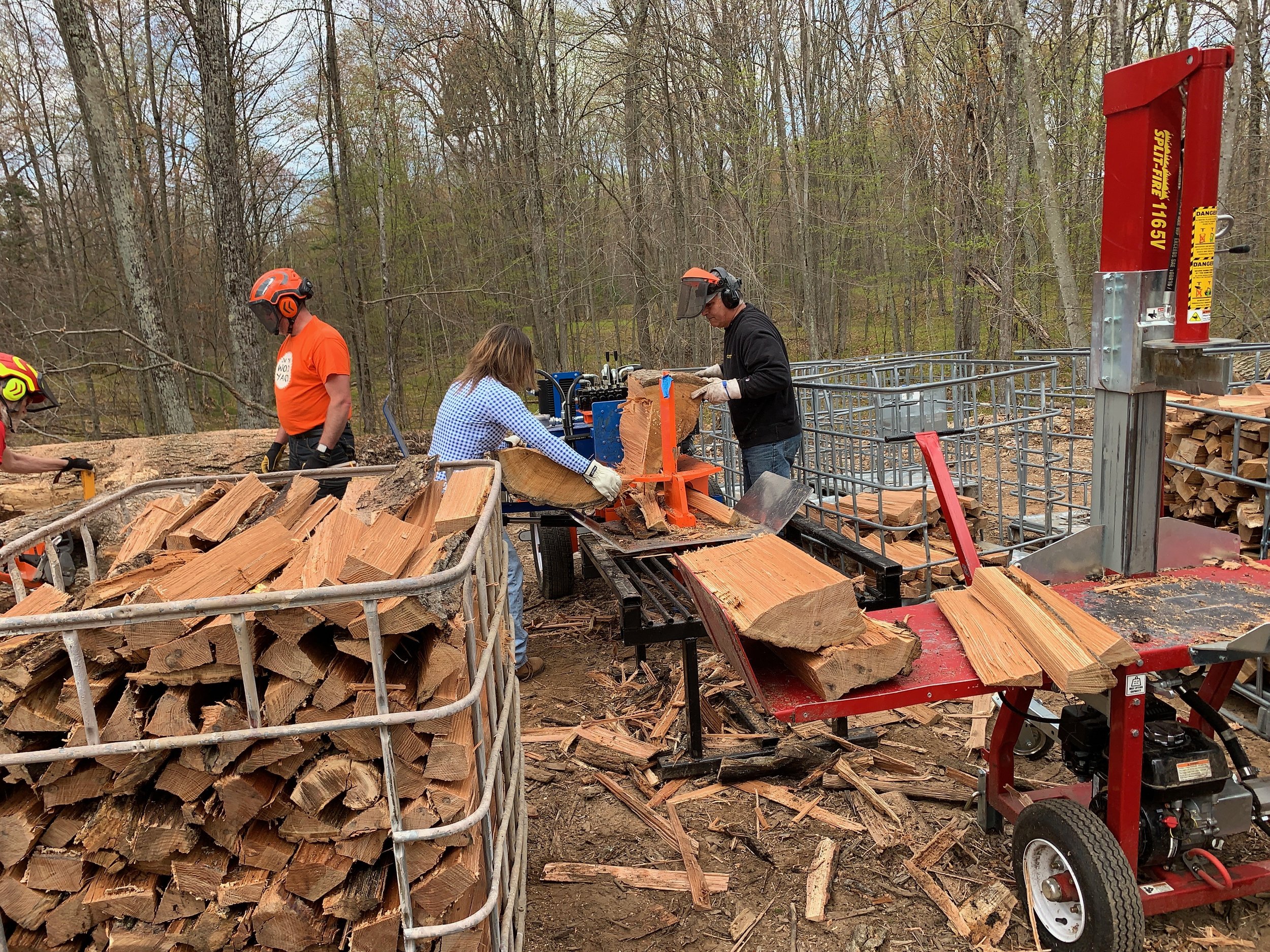 Workers wearing safety gear operate a wood splitter on cut logs in a wooded outdoor area.