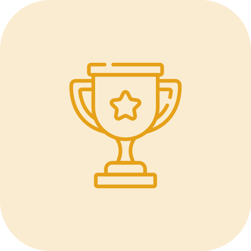 Outline of a gold trophy cup with a star on it, on a light beige background.