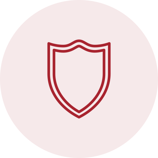 A shield icon outlined in red on a light pink circular background.