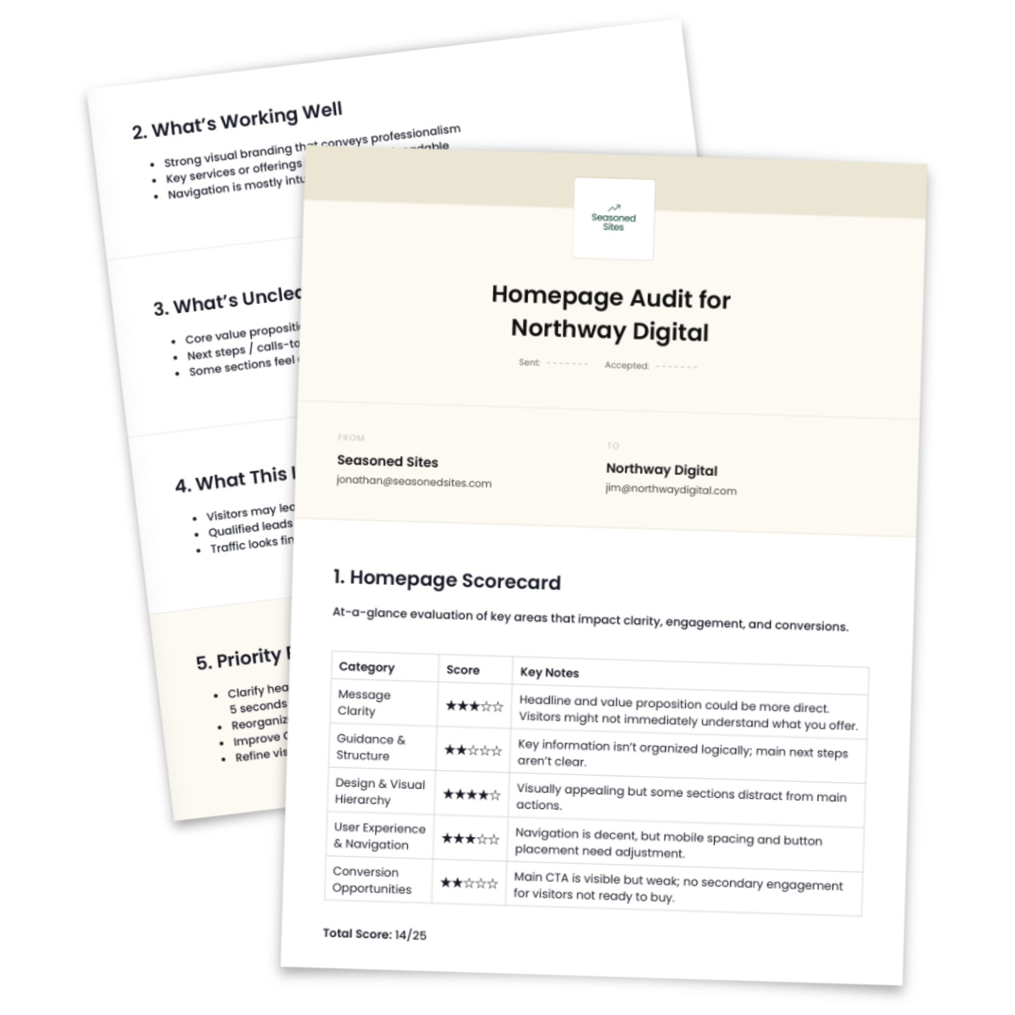 Two digitally scanned documents, one titled 'Homepage Audit for Northway Digital' and the other partially visible, both on a black background. The main document includes sections for scorecard evaluation, key notes, and scoring criteria. The visible document shows analysis of website clarity, guidance, visual hierarchy, navigation, and conversion opportunities.