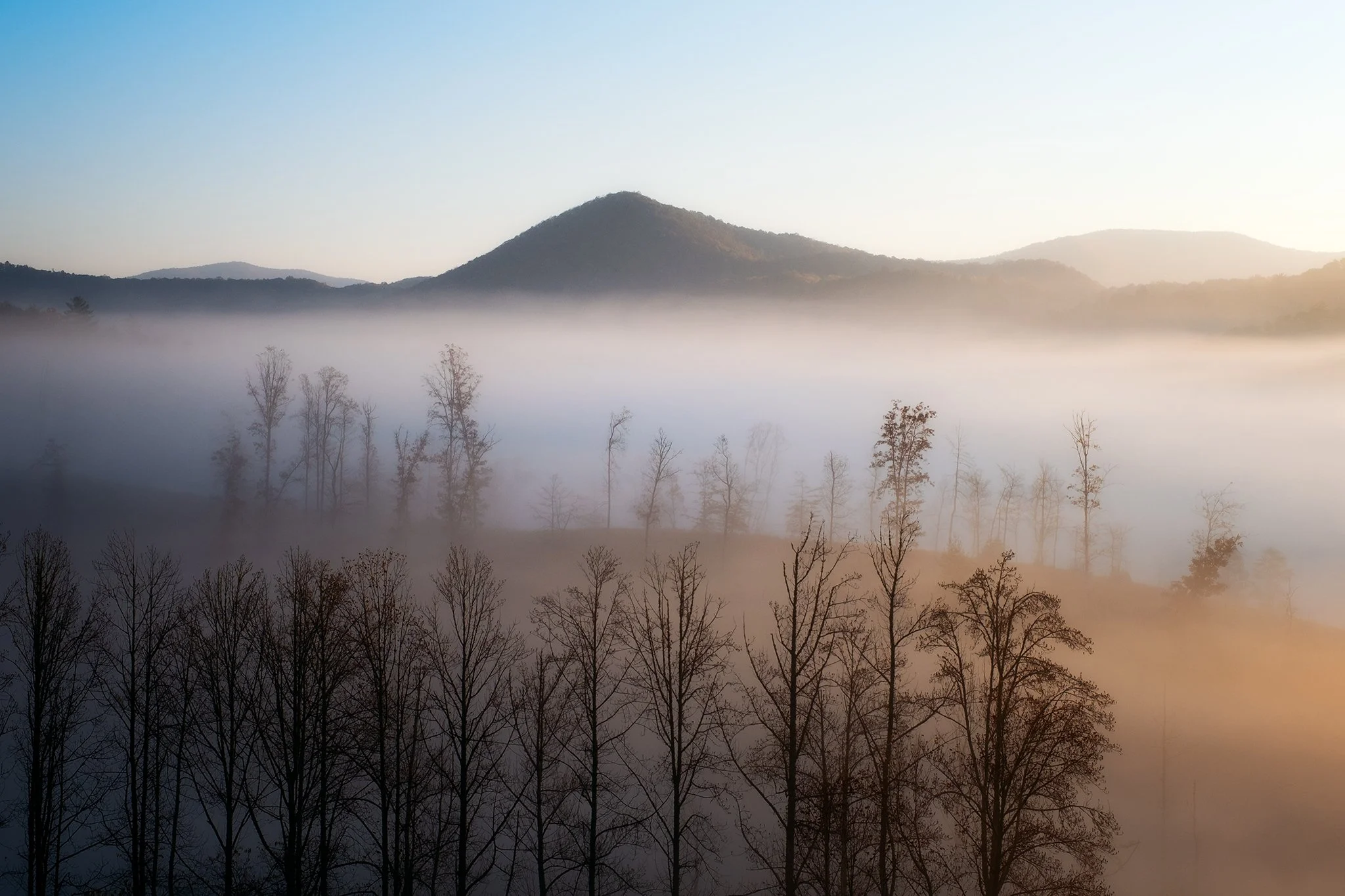 The Blue Ridge Mountains on a foggy morning in Suches, Georgia