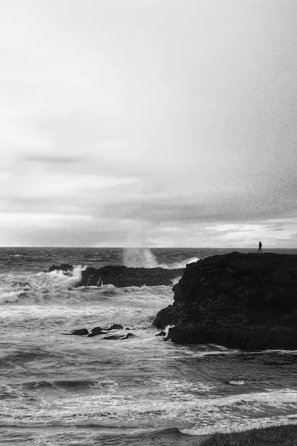 A monochrome photo of a rocky coastline with waves crashing against rocks and a person standing on a cliff overlooking the ocean.
