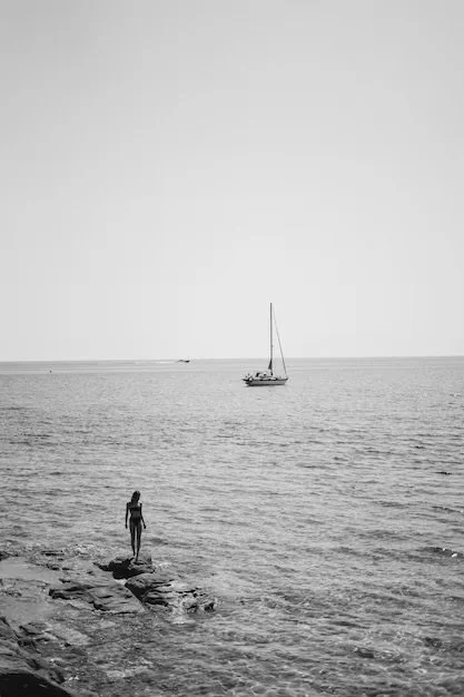A person standing on rocks near the shoreline, looking out at a sailboat on the water under a clear sky.