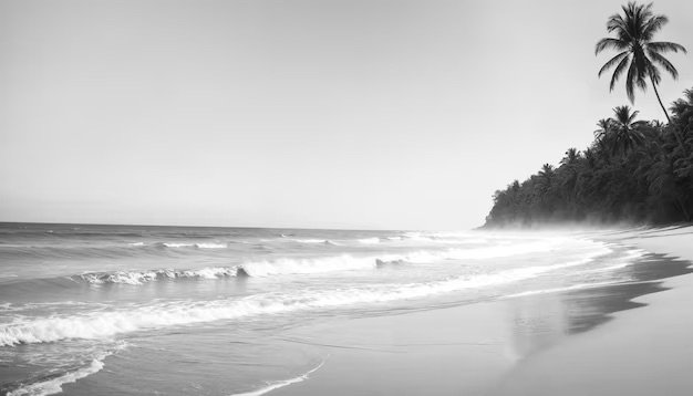 Black and white photo of a tropical beach with palm trees, shoreline, and ocean waves.