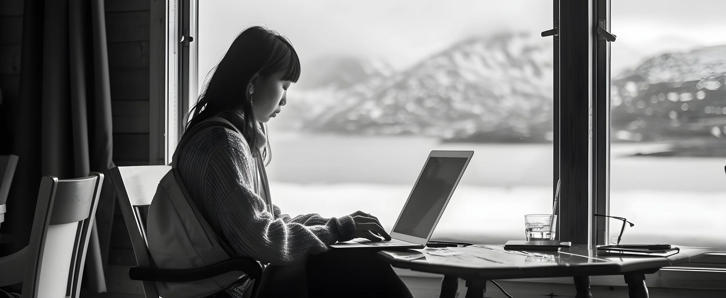 A woman sitting at a desk by a window, working on a laptop, with a glass of water nearby, overlooking a body of water and mountains.