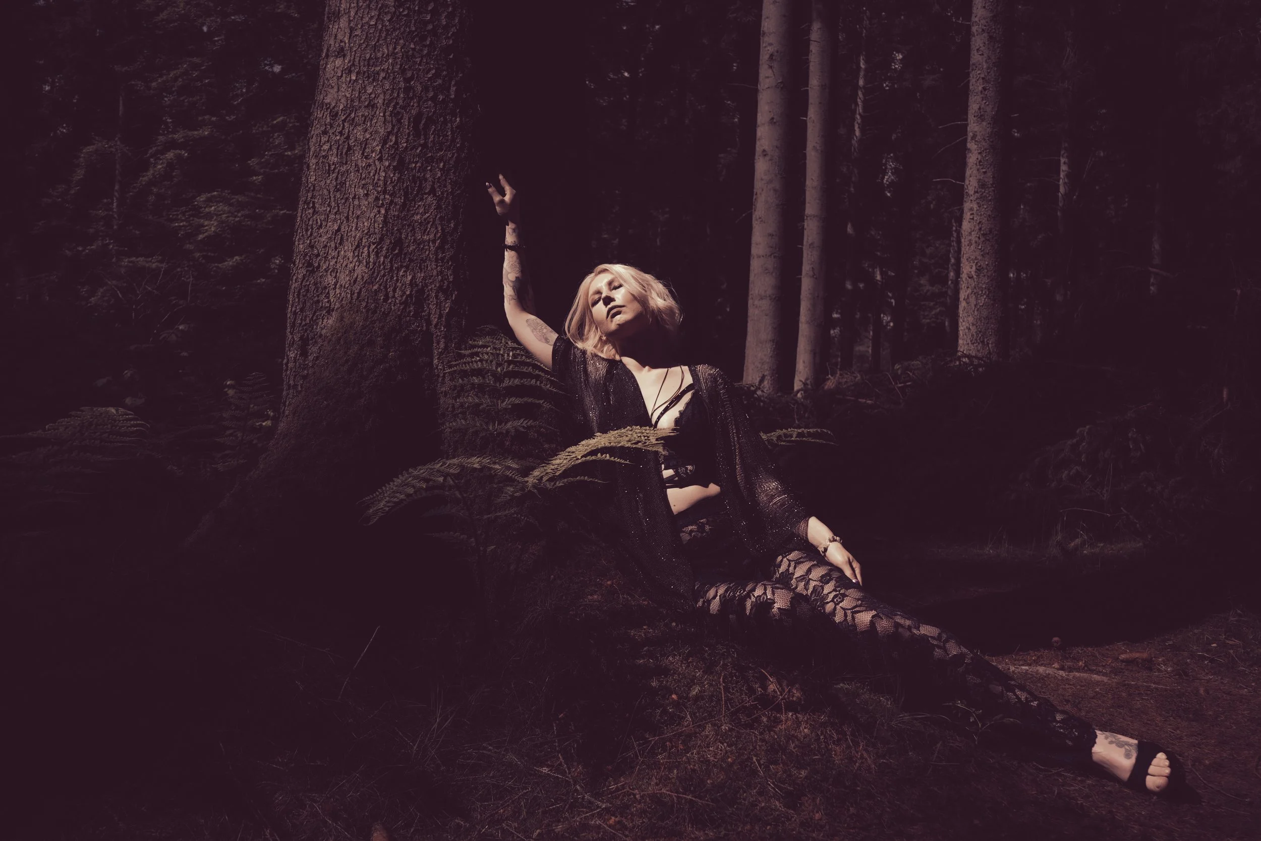A woman with blonde hair, wearing black lace clothing, sitting on the forest floor, leaning against a large tree, surrounded by tall trees in a dark forest setting.