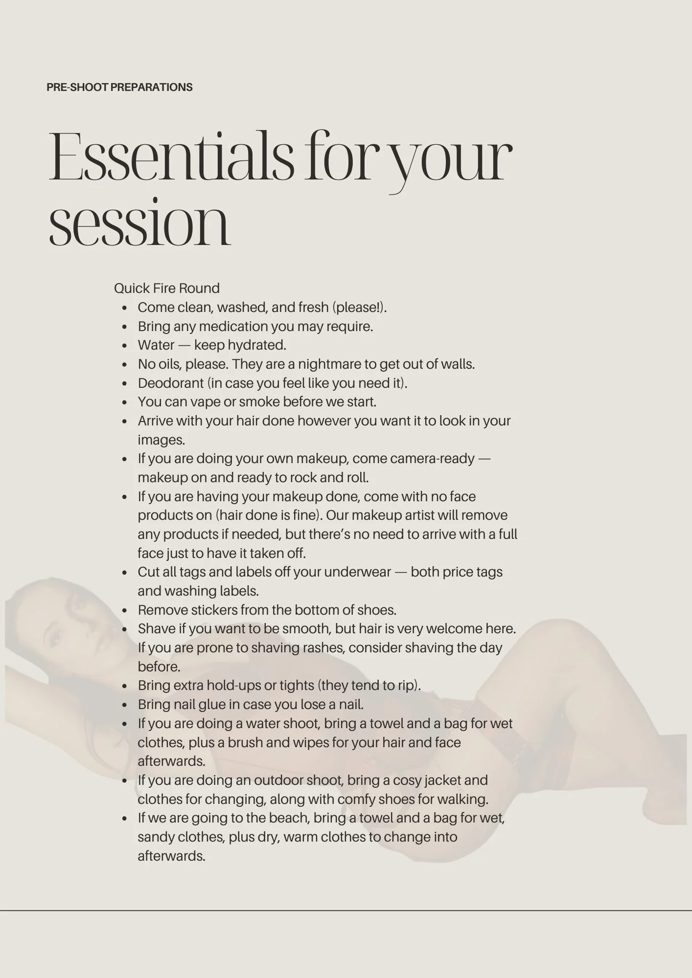 Checklist of pre-shoot preparations, with a translucent image of a woman lying on her stomach in the background.
