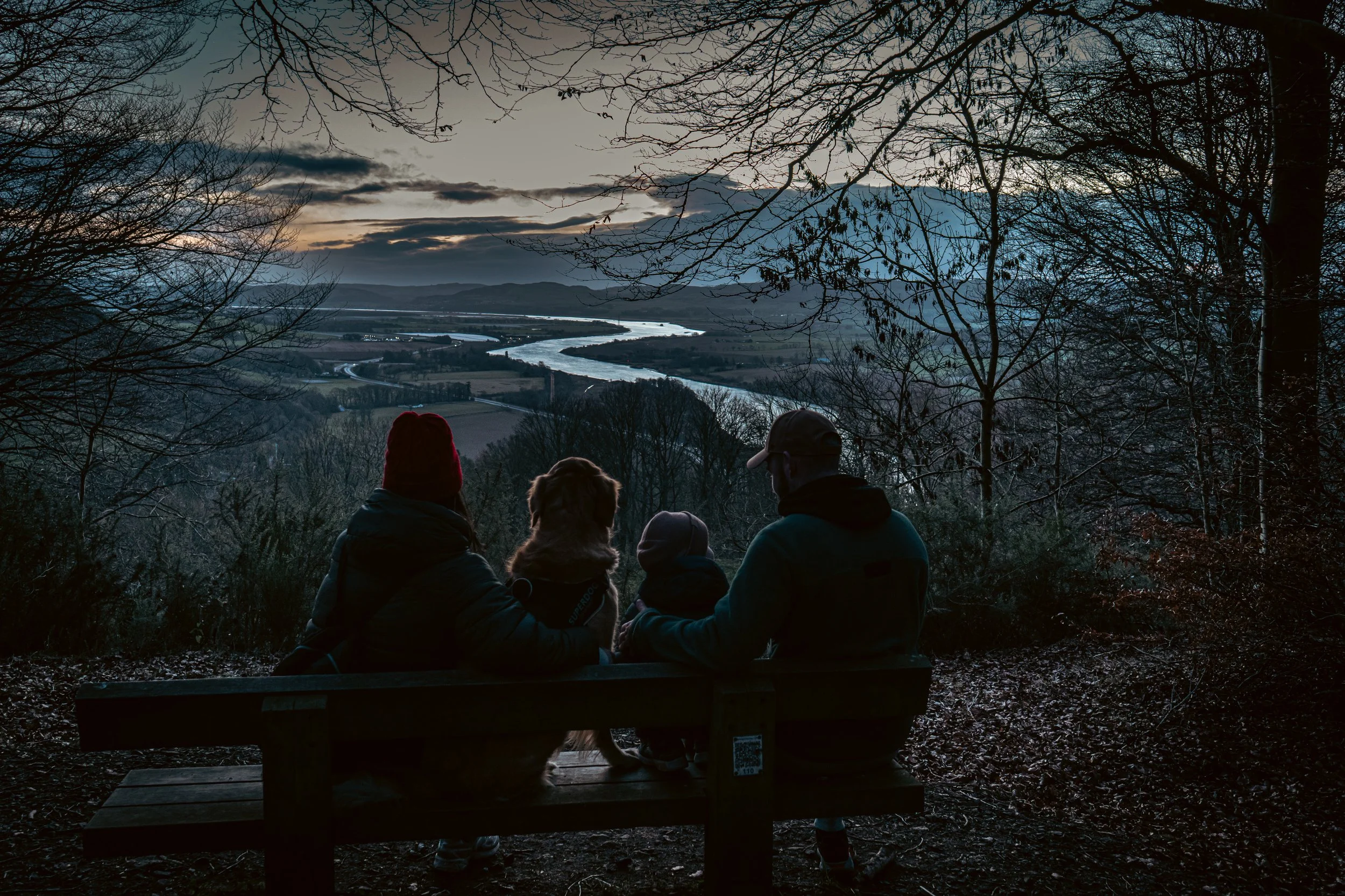 People sitting on a bench overlooking a winding river and mountain landscape at dusk, surrounded by leafless trees.