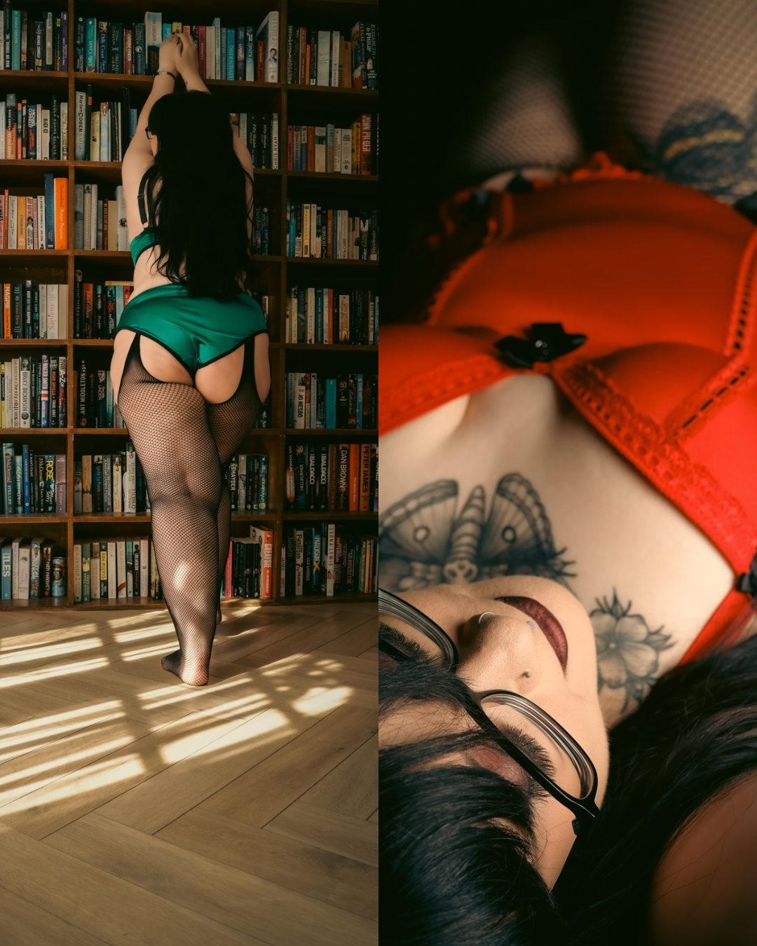 A woman with glasses, dark hair, and tattoos is lying on her back, wearing red lingerie, with her eyes closed, next to a large bookshelf filled with books.