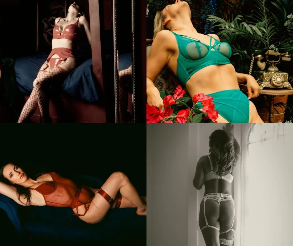 Collage of four women in lingerie and provocative poses, with a vintage phone in the background of the upper right image, and a window with sunlight in the lower right image.