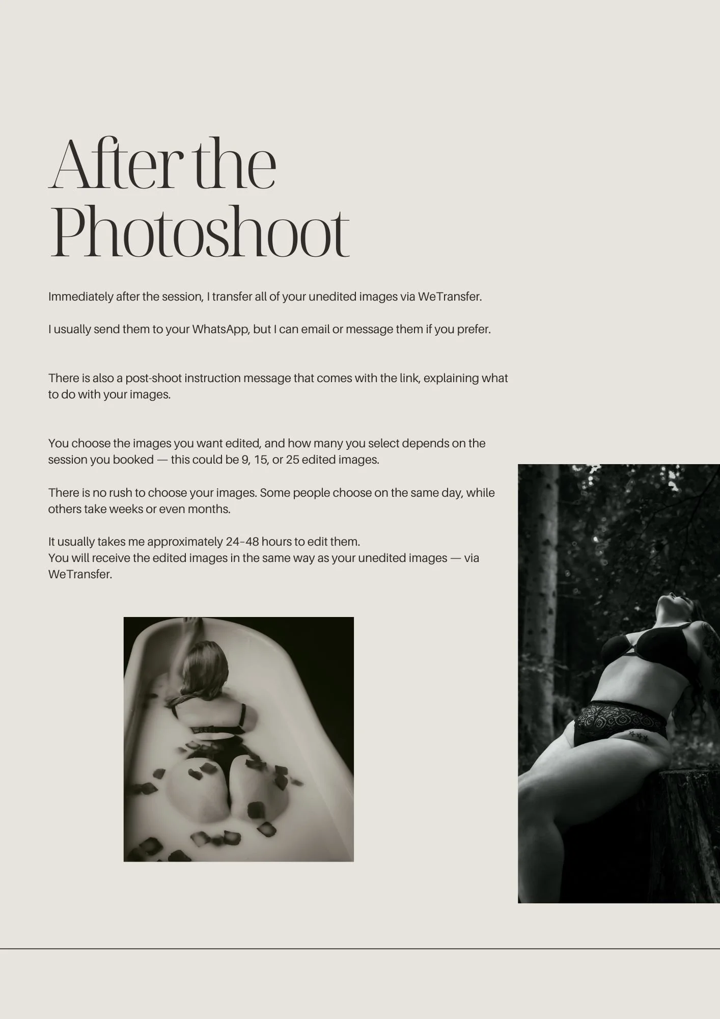 Post-shoot instructions page with text explaining image editing process and two black-and-white photographs of women in lingerie, one lying in a bathtub and the other sitting outdoors.