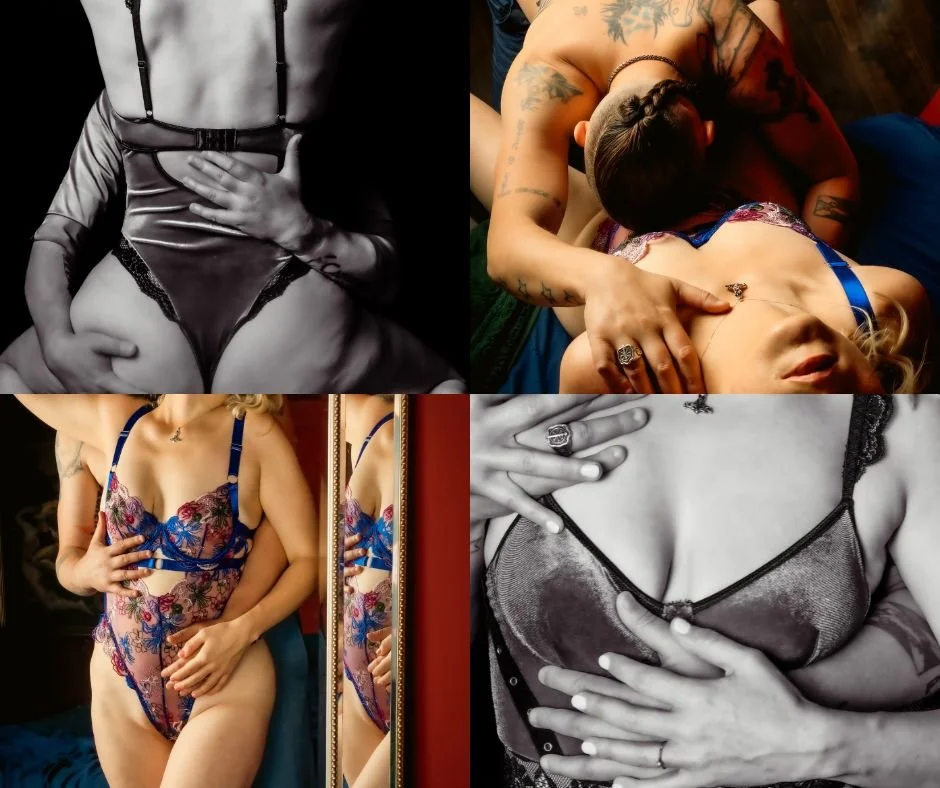 Collage of four photos featuring women in lingerie and intimate moments, with a mix of black and white and color images.