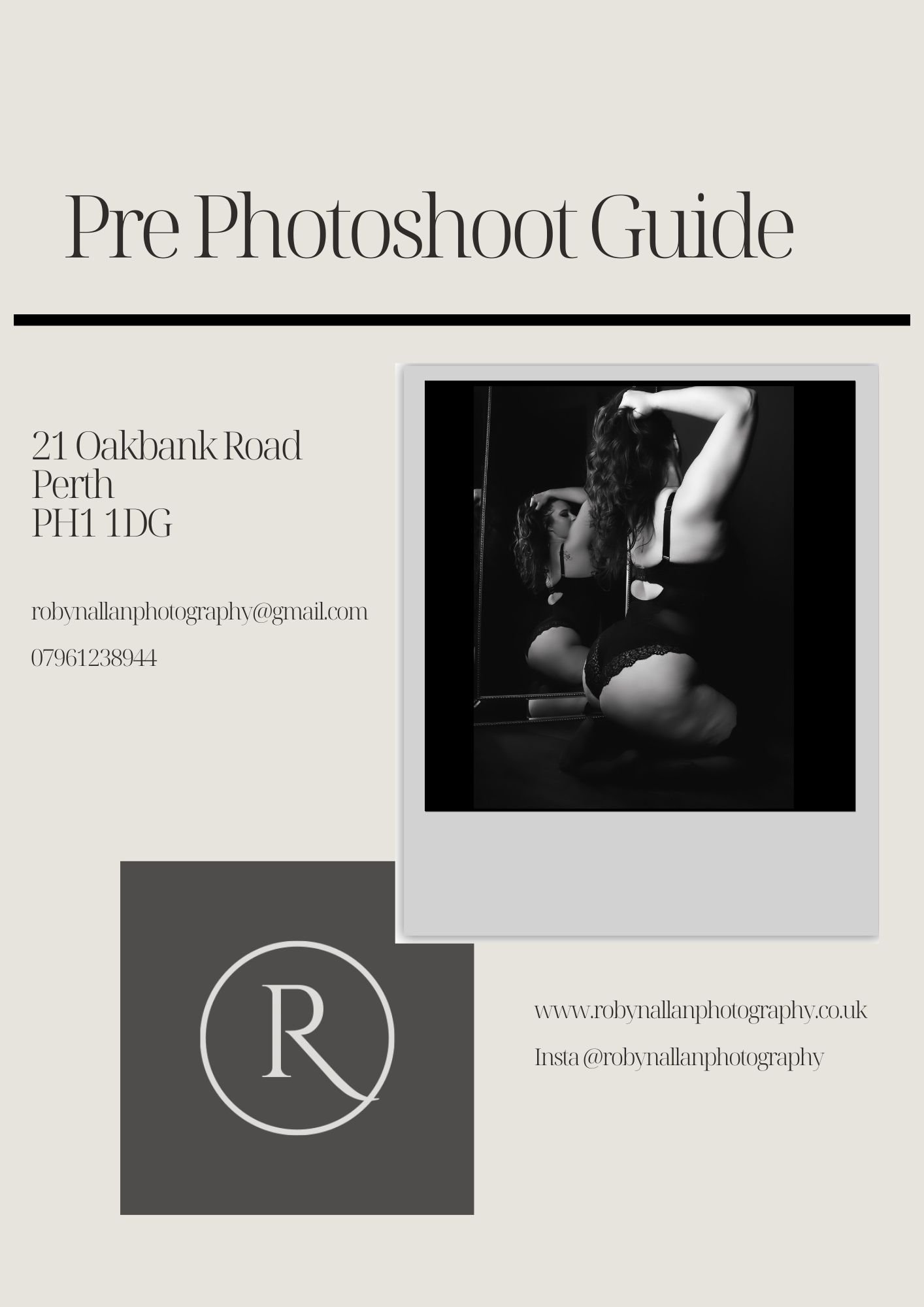 A black and white promotional poster for a pre-photoshoot guide, featuring a photo of a woman in black lingerie with her back to the camera, kneeling in front of a mirror with her hair partially covering her face, and text with contact information, w