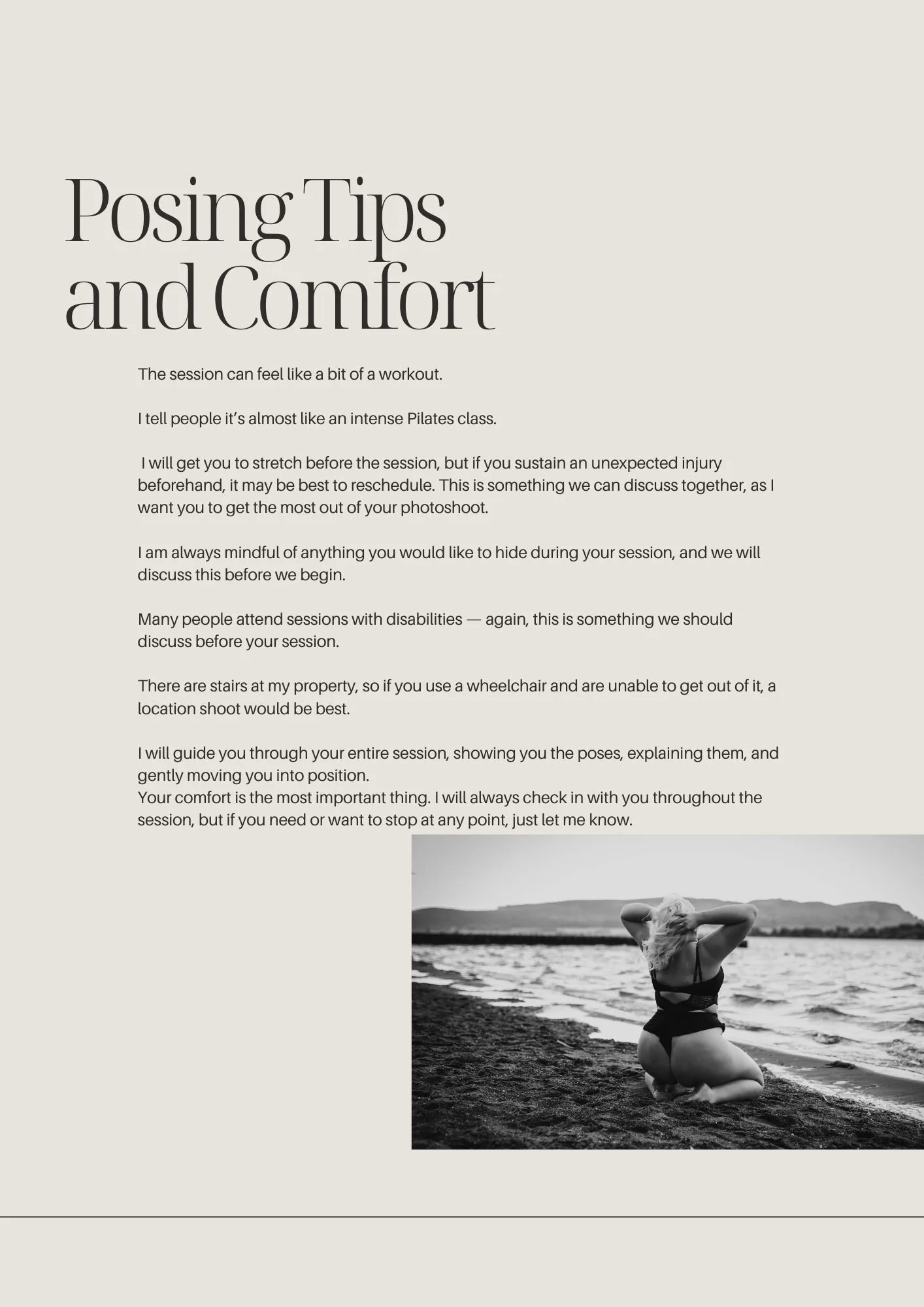 A woman in a swimsuit kneeling on the beach near the water, with her hands behind her head, on a black-and-white photograph.