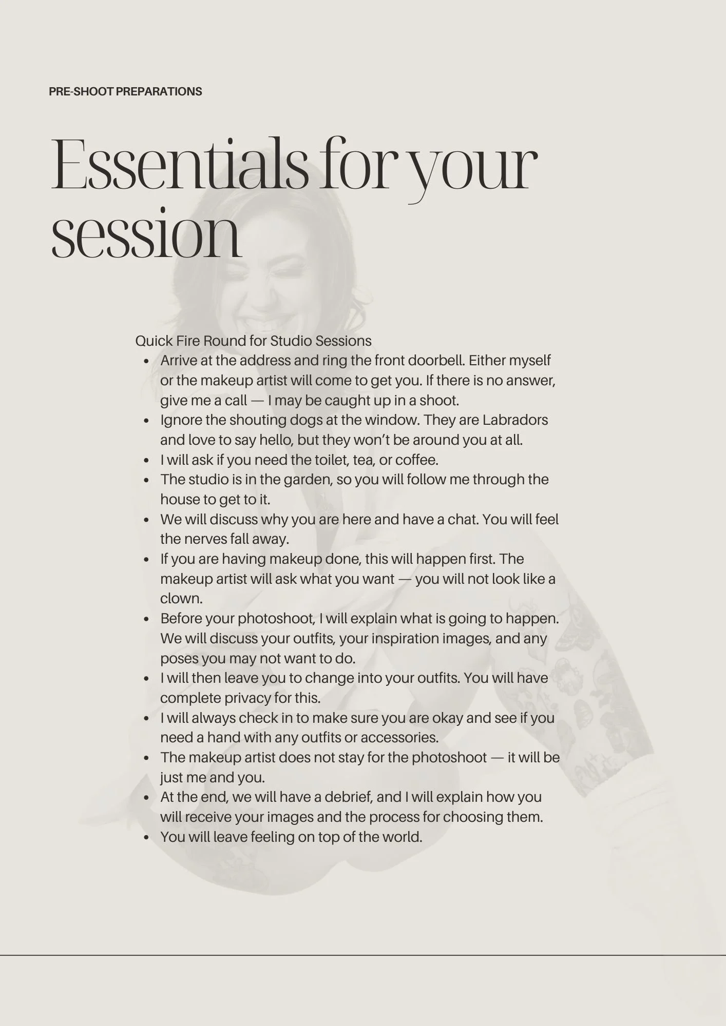 A set of instructions titled 'Essentials for your session' detailing pre-shoot preparations, including arriving at the address, ignoring barking dogs, asking for the bathroom, discussing the shoot, changing outfits, and debriefing at the end.