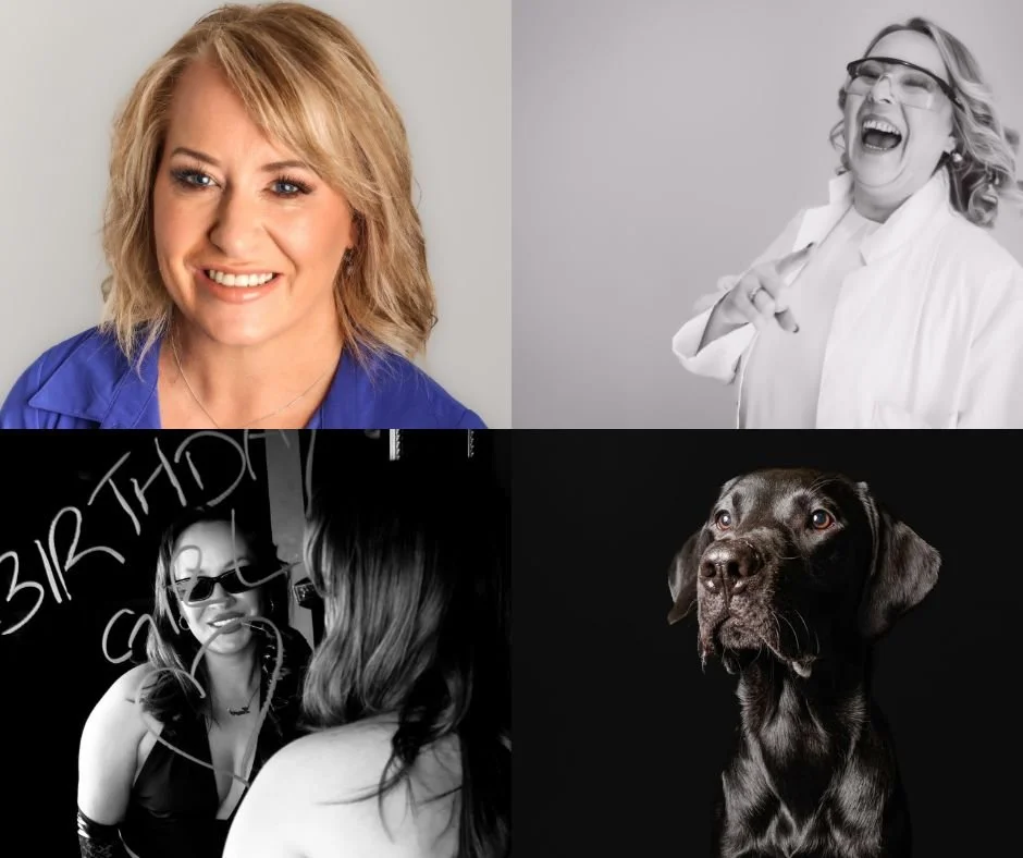 Four photos: a smiling woman with blonde hair wearing a blue top, a woman with glasses laughing in a white coat, two women facing each other at a party with "Happy Birthday" written on the wall, and a black dog against a black background.