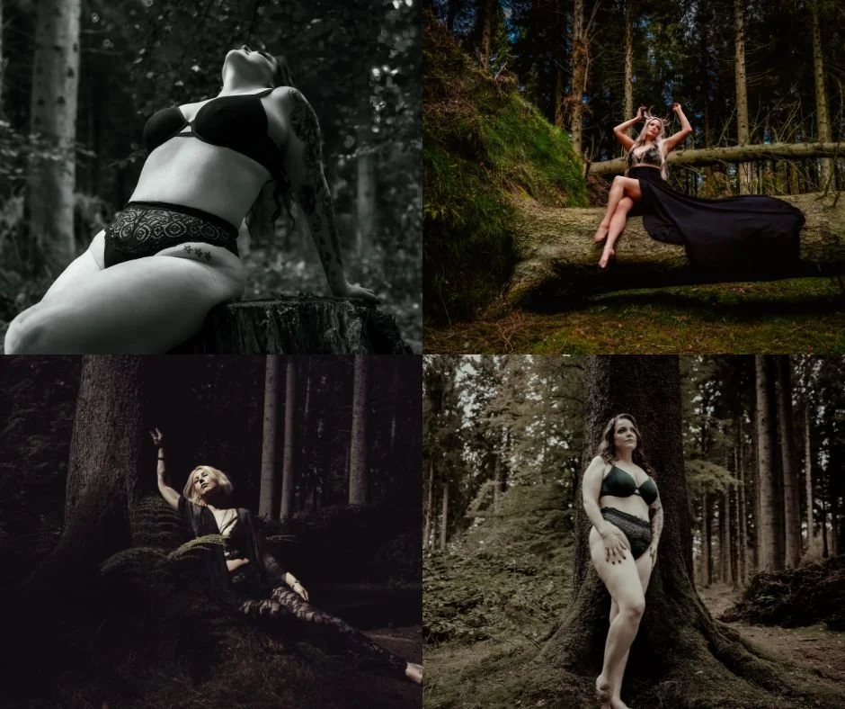 Four women in black lingerie and dresses posing in a forest, with two sitting on tree branches and two standing near tree trunks.