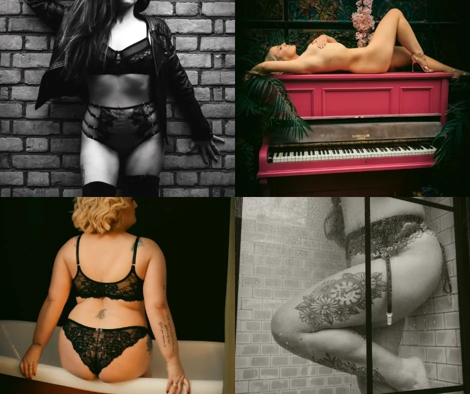 Collection of four images: top left, a woman in lingerie and a leather jacket standing against a brick wall; top right, a woman lying nude on a pink grand piano outdoors; bottom left, a woman in black lace lingerie standing with her back to the camera; bottom right, a black-and-white photo of a woman with tattoos sitting in a shower with a glass door.